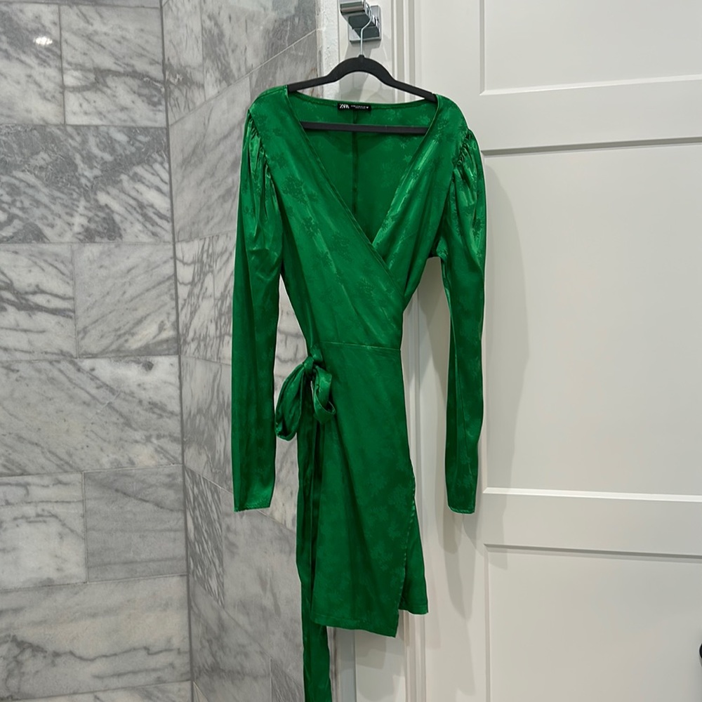 Zara green wrap dress silk like material